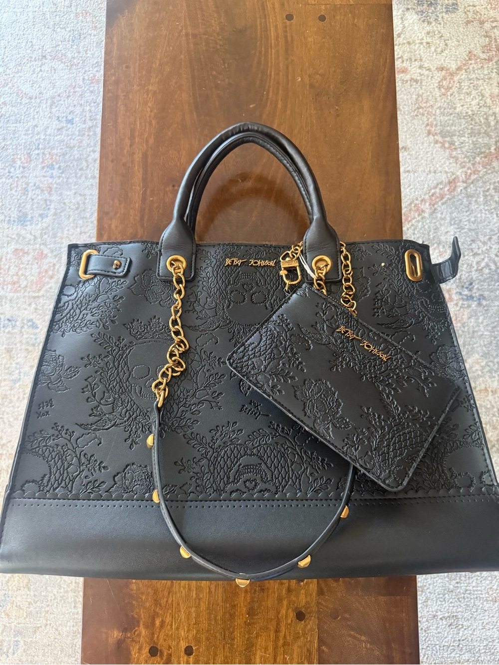 Betsey Johnson Black Leather floral skull Embossed Bag with Gold Accents